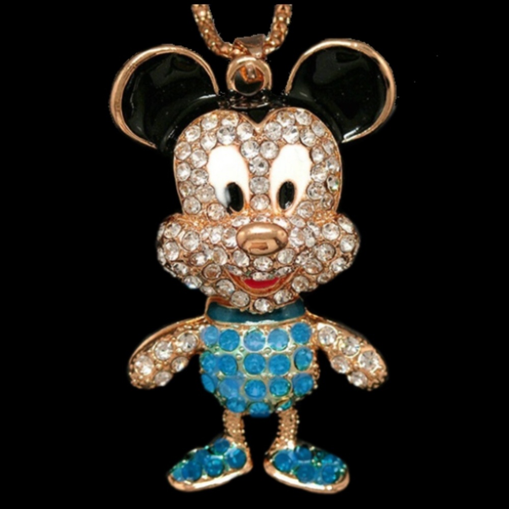 Crystal Cartoon Mouse Necklace - Blue Rhinestones over Gold Color Alloy